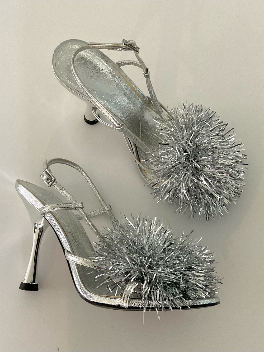 ZARA Metallic Pompom Sandals in Silver Size EU 36